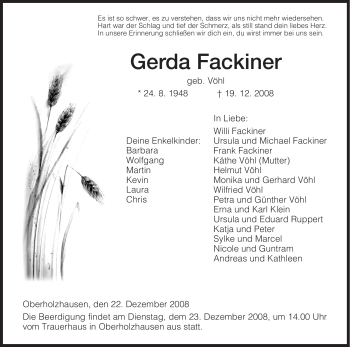 Todesanzeige von Gerda Fackiner von HNA