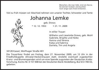Todesanzeige von Johanna Lemke von HNA