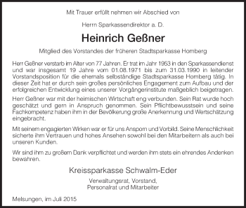 Todesanzeige von Heinrich Geßner von HNA