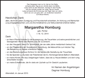 Todesanzeige von Margaretha Homburg von HNA
