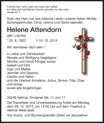 Todesanzeige von Helene Attendorn von HNA