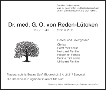 Todesanzeige von G. O von Reden-Lütcken von HNA
