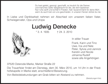 Todesanzeige von Ludwig Denecke von HNA
