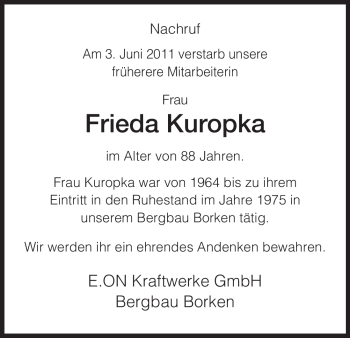 Todesanzeige von Frieda Kuropka von HNA
