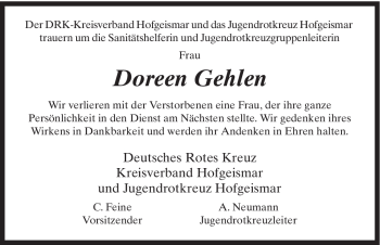 Todesanzeige von Doreen Gehlen von HNA