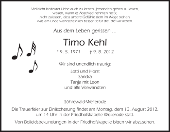 Todesanzeige von Timo Kehl von HNA