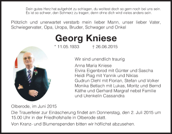 Todesanzeige von Georg Kniese von HNA