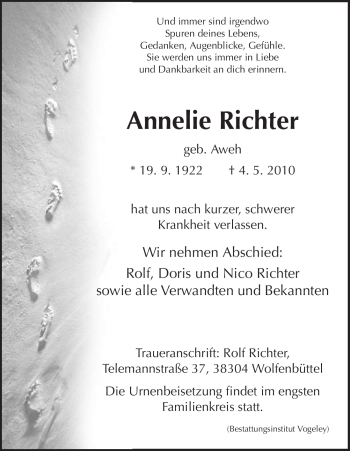 Todesanzeige von Annelie Richter von HNA