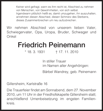 Todesanzeige von Friedrich Peinemann von HNA