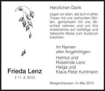 Todesanzeige von Frieda Lenz von HNA