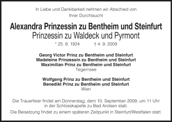 Todesanzeige von Alexandra zu Bentheim und Steinfurt von HNA