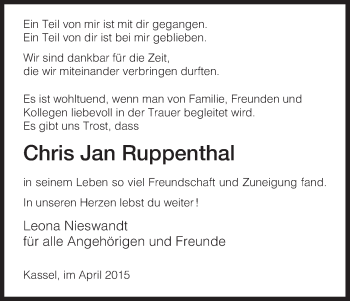 Todesanzeige von Chris Jan Ruppenthal von HNA