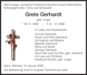 Todesanzeige von Grete Gerhardt von HNA