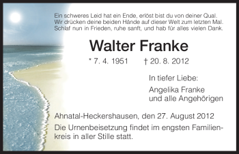 Todesanzeige von Walter Franke von HNA