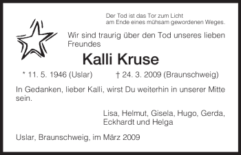 Todesanzeige von Kalli Kruse von HNA