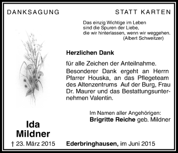 Todesanzeige von Ida Mildner von HNA