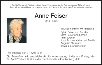 Todesanzeige von Anne Feiser von HNA