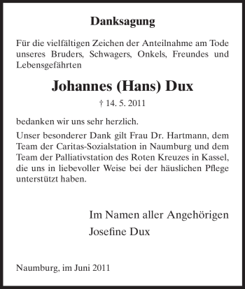 Todesanzeige von Johannes Dux von HNA