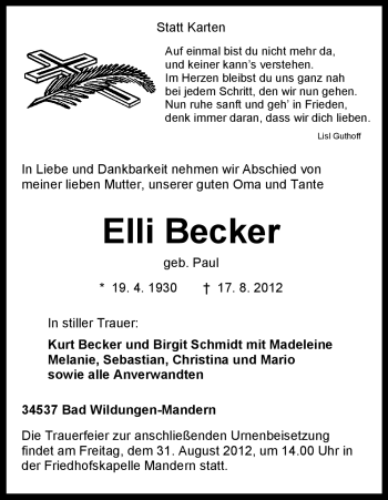 Todesanzeige von Elli Becker von HNA