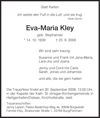 Todesanzeige von Eva-Maria Kley von HNA