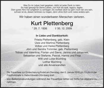 Todesanzeige von Kurt Plettenberg von HNA