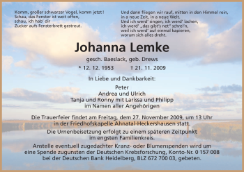 Todesanzeige von Johanna Lemke von HNA