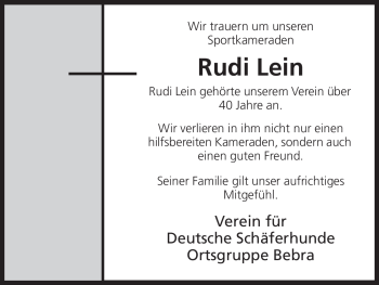 Todesanzeige von Rudi Lein von HNA