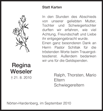 Todesanzeige von Regina Weseler von HNA