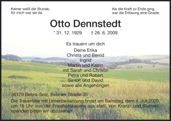 Todesanzeige von Otto Dennstedt von HNA