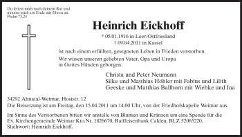 Todesanzeige von Heinrich Eickhoff von HNA