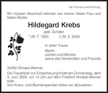 Todesanzeige von Hildegard Krebs von HNA