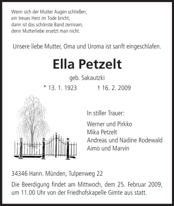 Todesanzeige von Ella Petzelt von HNA