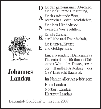 Todesanzeige von Johannes Landau von HNA