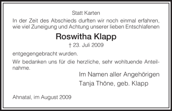 Todesanzeige von Roswitha Klapp von HNA
