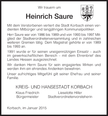 Todesanzeige von Heinrich Saure von HNA