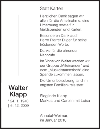 Todesanzeige von Walter Klapp von HNA