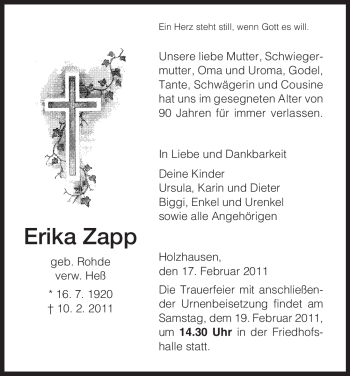 Todesanzeige von Erika Zapp von HNA