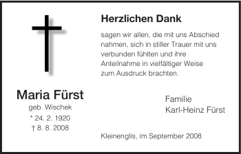 Todesanzeige von Maria Fürst von HNA