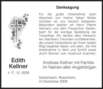Todesanzeige von Edith Kellner von HNA