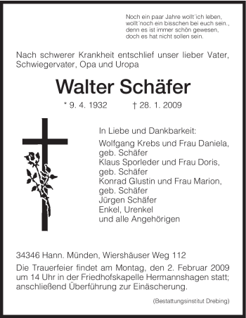 Todesanzeige von Walter Schäfer von HNA