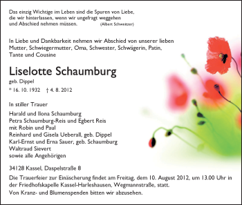 Todesanzeige von Liselotte Schaumburg von HNA