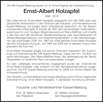 Todesanzeige von Ernst-Albert Holzapfel von HNA