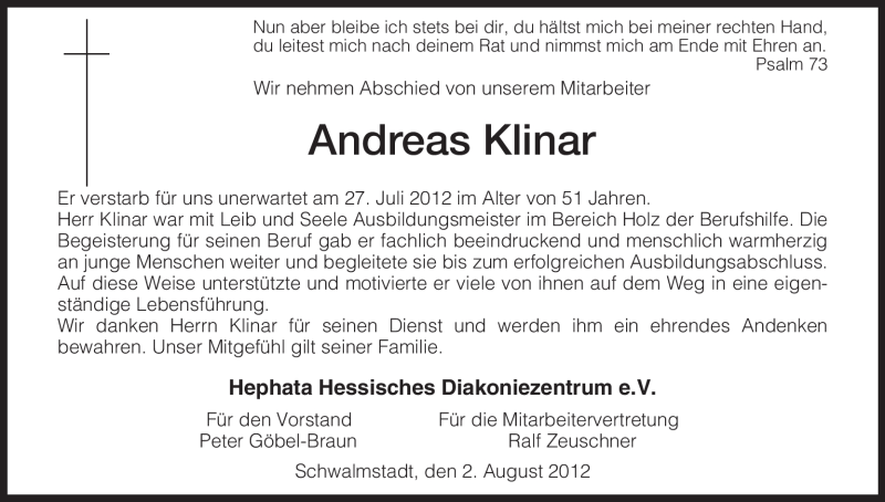  Traueranzeige für Andreas Klinar vom 02.08.2012 aus HNA