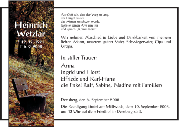 Todesanzeige von Heinrich Wetzlar von HNA