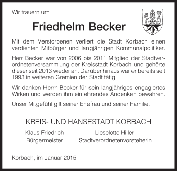 Todesanzeige von Friedhelm Becker von HNA