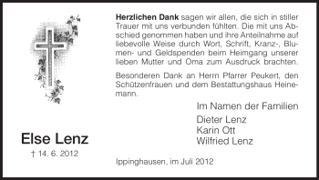 Todesanzeige von Else Lenz von HNA