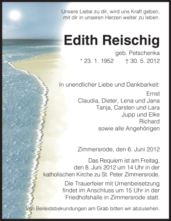 Todesanzeige von Edith Reischig von HNA