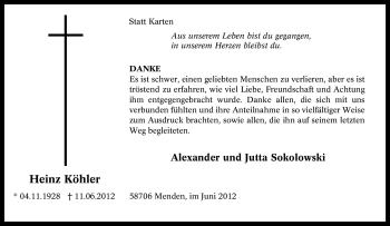 Todesanzeige von Heinz Köhler von HNA