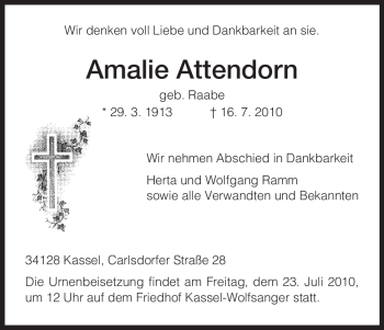 Todesanzeige von Amalie Attendorn von HNA