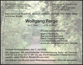 Todesanzeige von Wolfgang Ferge von HNA